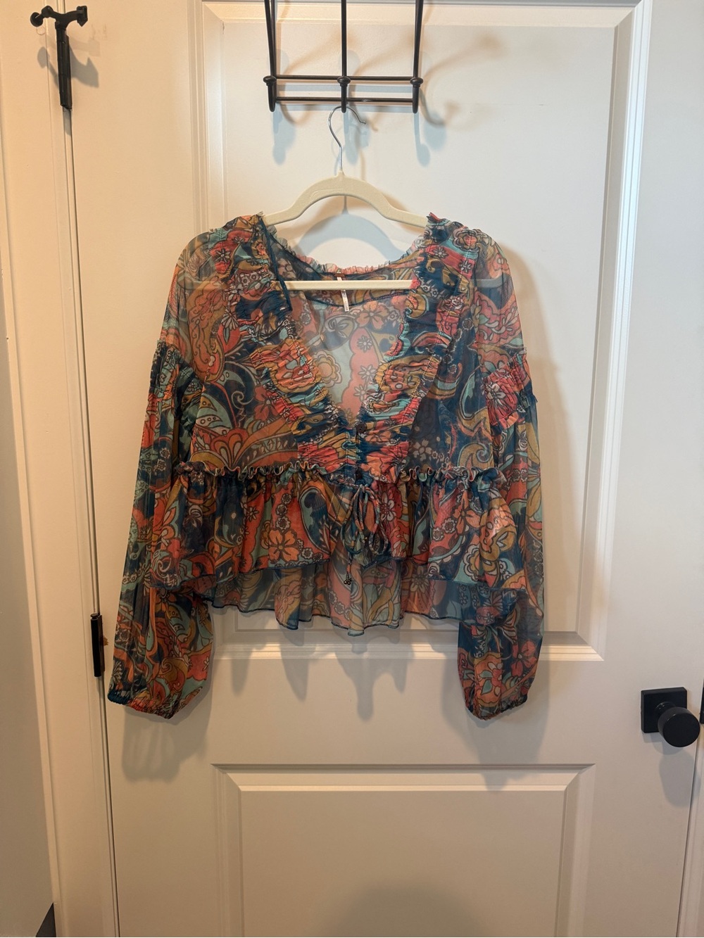 Free People Sheer Paisley Ruffle Blouse - Teal, Rust, Mustard